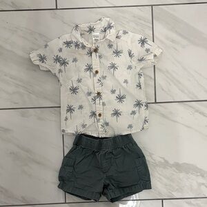 Carter's Palm tree print button down with blue/gray shorts